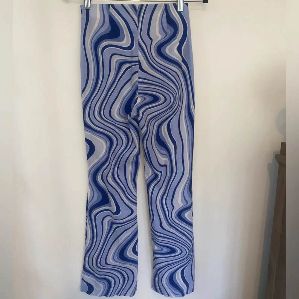 Zara Blue & White Psychedelics Swirl Flare Linen Pants, sz Small